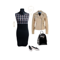 Sukienka mała czarna z błyszczącą brązowo/ złotą kratką